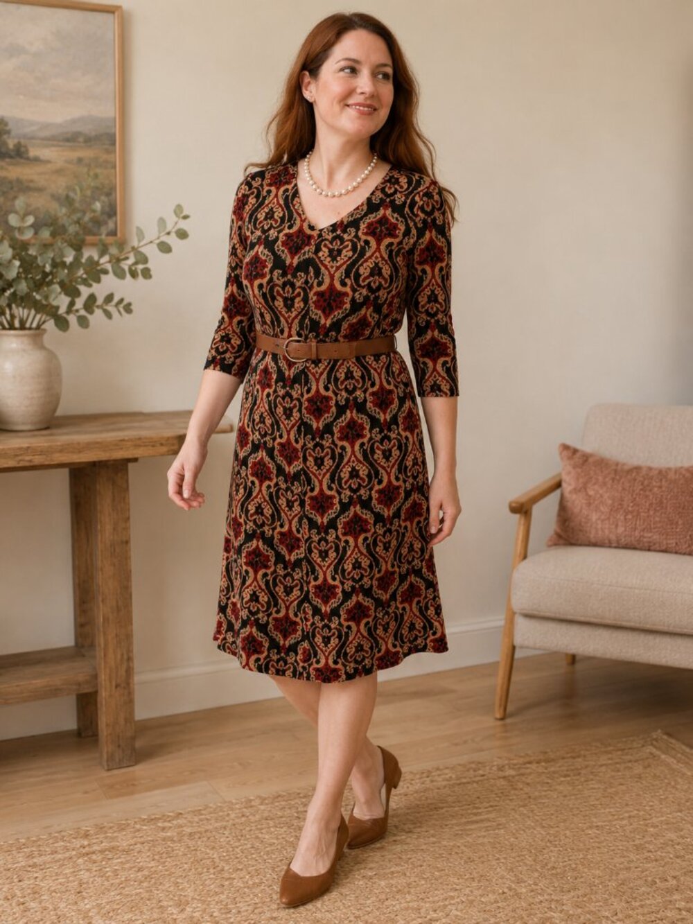 GNW Paisley Print Dress L | Red Black Gold | Boho Work or Casual Style